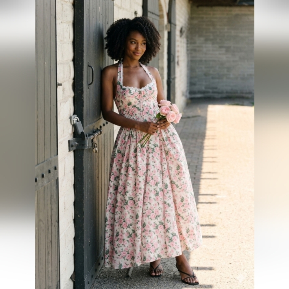 J. Roberts Floral Pink Print White Halter Sweetheart Twill Lined Maxi Dress